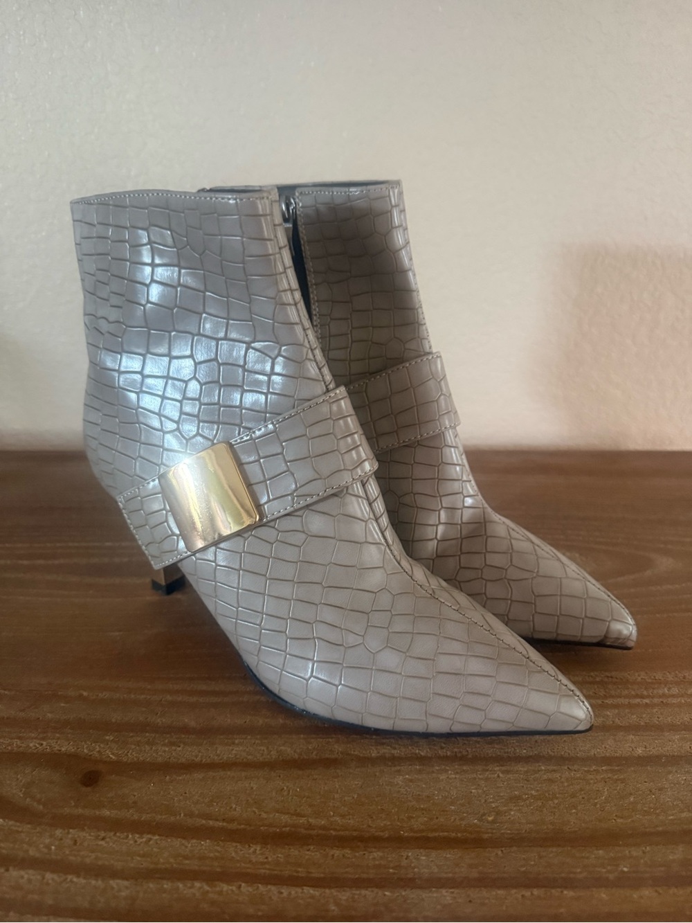 Croc Embossed Ankle Boots Taupe Pointed Toe Gold Heel 38